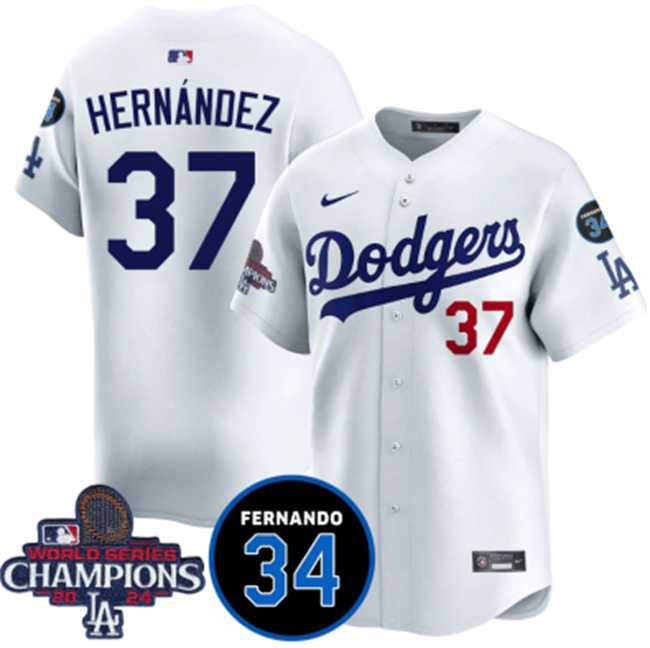 Mens Los Angeles Dodgers #37 Teoscar Hernandez White 2024 World Series Champions With Fernando Memorial Patch Vapor Premier Home Limited Stitched Jersey Dzhi